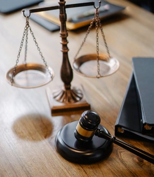 Judges desk with gavel and scales